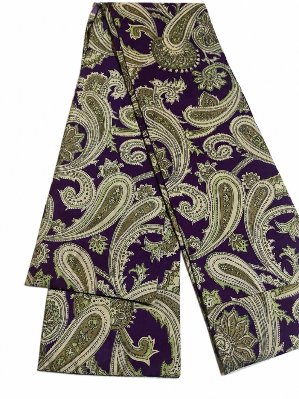 Vintage Handmade Silk Paisley Scarf Purple Olive Long Skinny Scarf 1980s